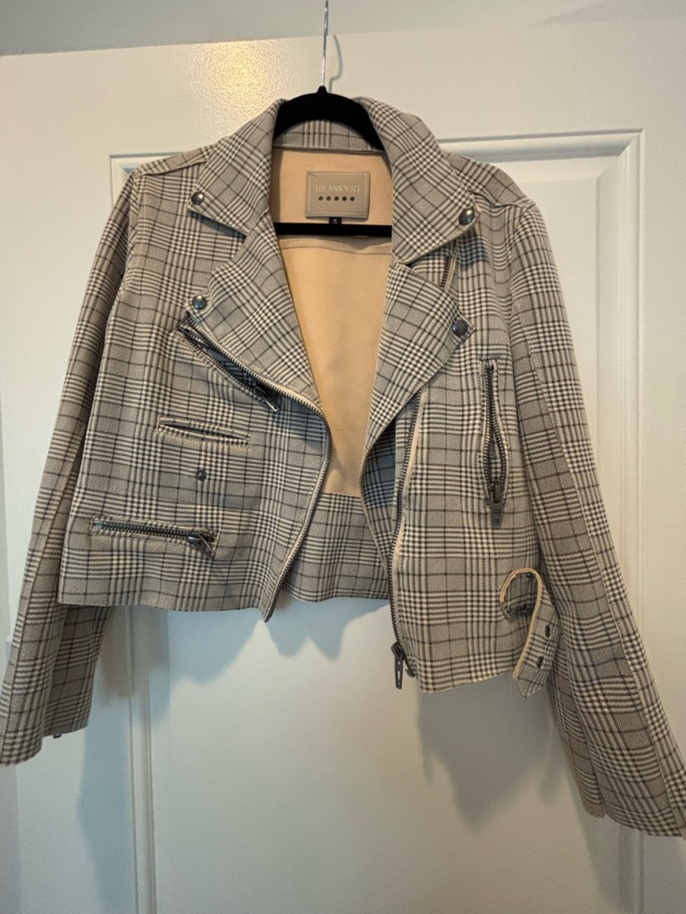 Blank NYC Beige and Black Plaid Cropped Blazer